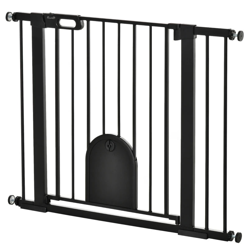 Dog Gate Barrier with Cat Flap, Double Locking – 75-103cm Black