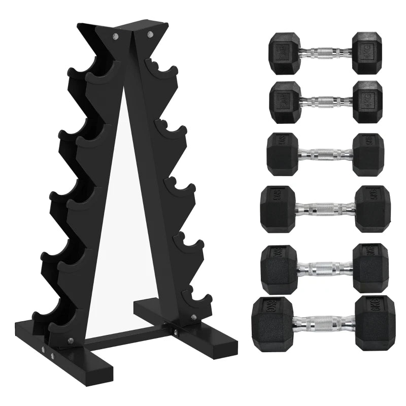 Dumbbell Rack Set – 6 Hex Rubber Dumbbells & Storage Stand