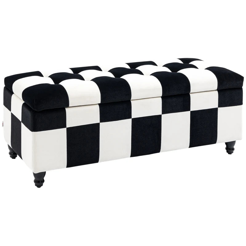 HOMCOM Large Velvet Storage Ottoman – White & Black Button-Tufted Design