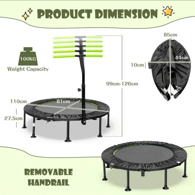 Kids 110 cm Mini Trampoline with Adjustable Handrail for Balance