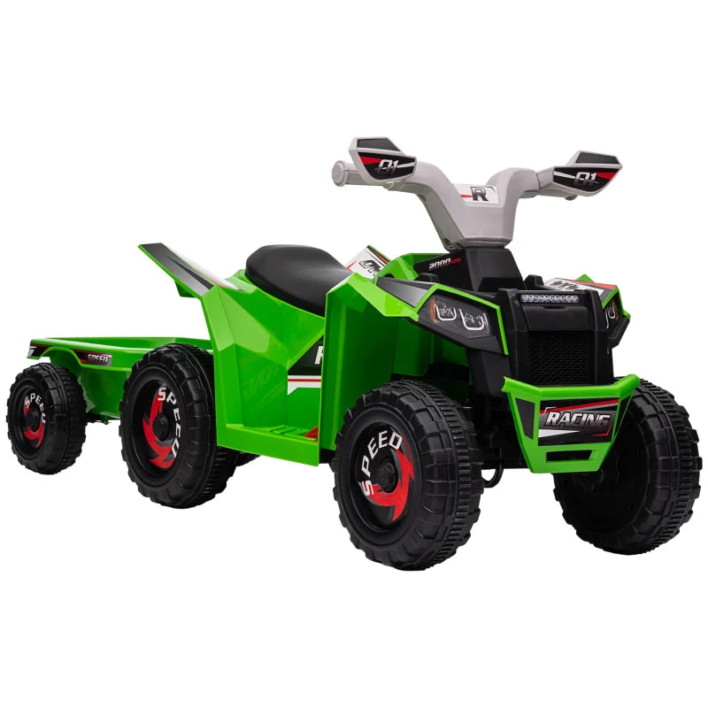 Kids 6V Quad Bike with Back Trailer, Wear-Resistant Wheels for Ages 18-36 Months – Green