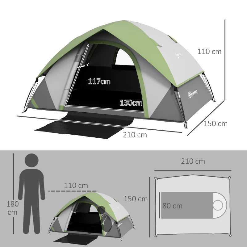 2-Person Dome Tent – Single Room with Accessories, Green/Grey