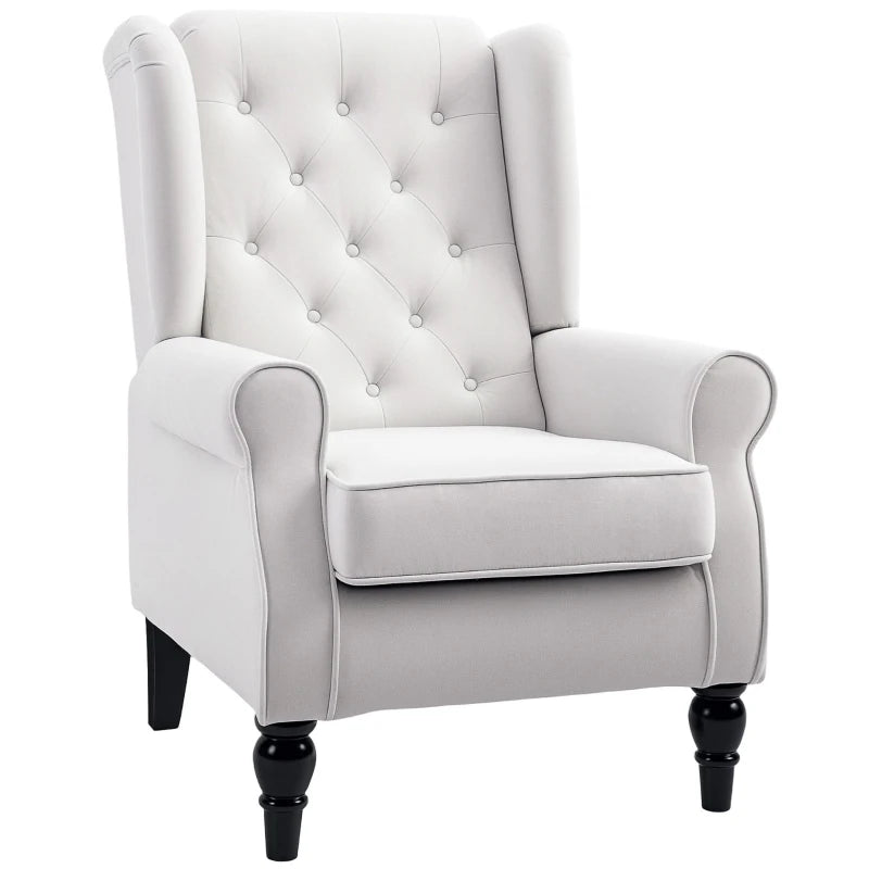 Retro Accent Chair – Cream White Linen Wingback Armchair with Wood Frame