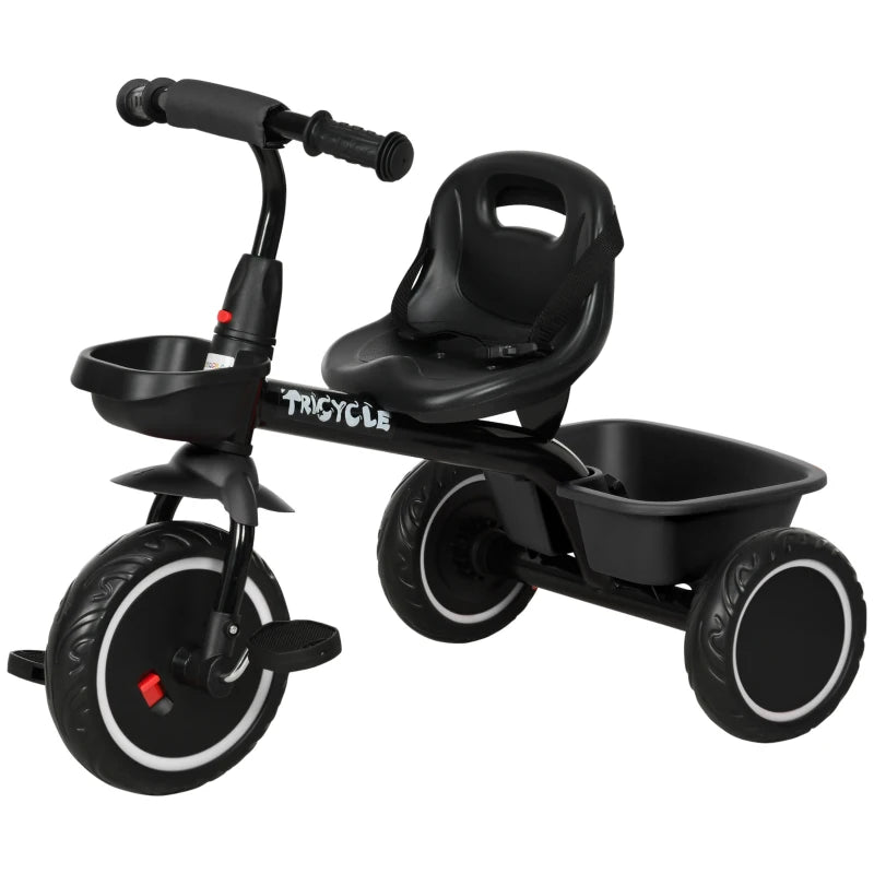 Adjustable Seat Kids Trike with Pedals & Basket for 2-5 Year Olds – Black Finish