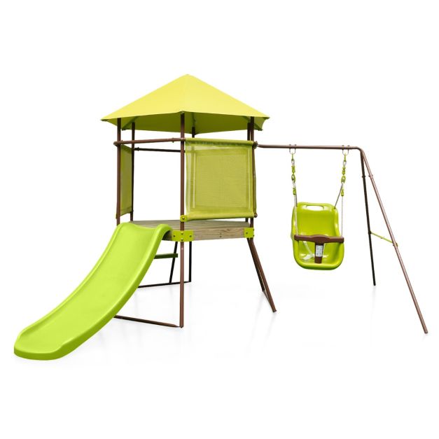 Outdoor Metal Swing Set with Covered Fort and Play Accessories