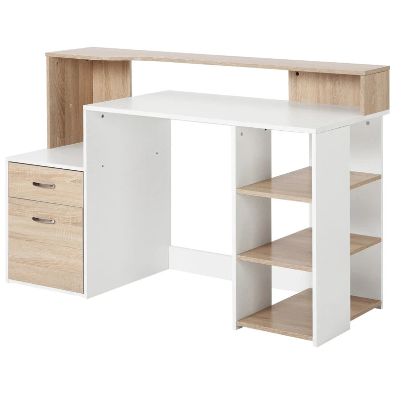 Large Oak Office Desk with Storage Drawers & Shelves – 137x55x92cm