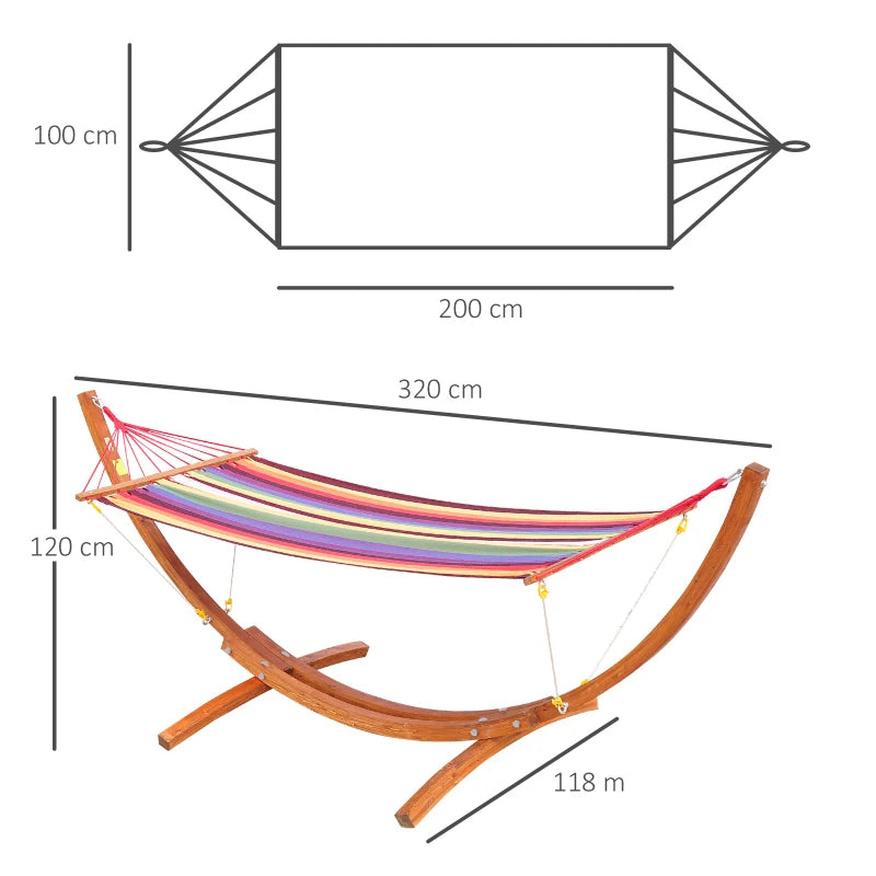 Durable Garden Swing Hammock with Arc Wooden Stand and Safe Rope, Multicolor Fabric