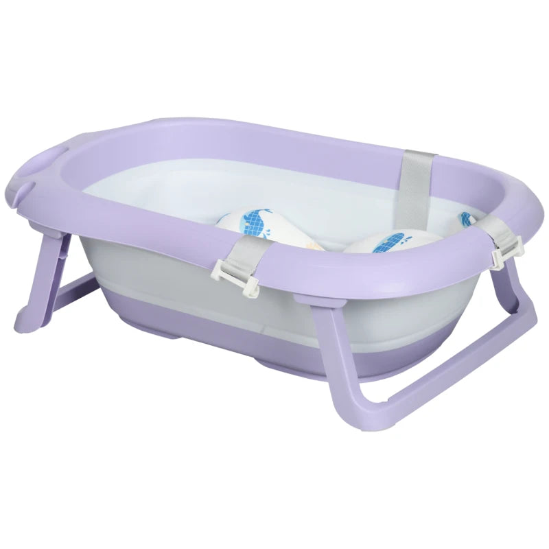 Space-Saving Foldable Baby Bathtub with Shower Holder and Cushion – Purple