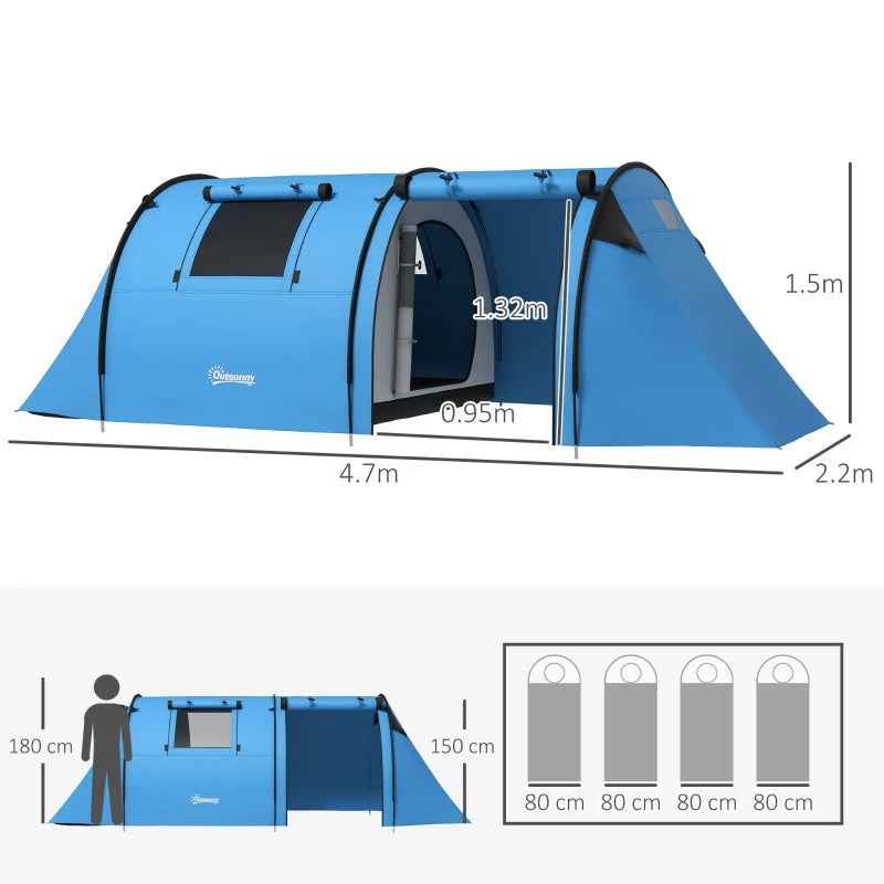 Sky Blue Tunnel Tent – 4-Person Duo Room with Accessories