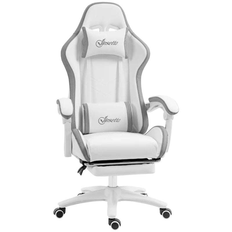 Reclining Gaming Chair with Footrest & Lumbar Support – White/Grey