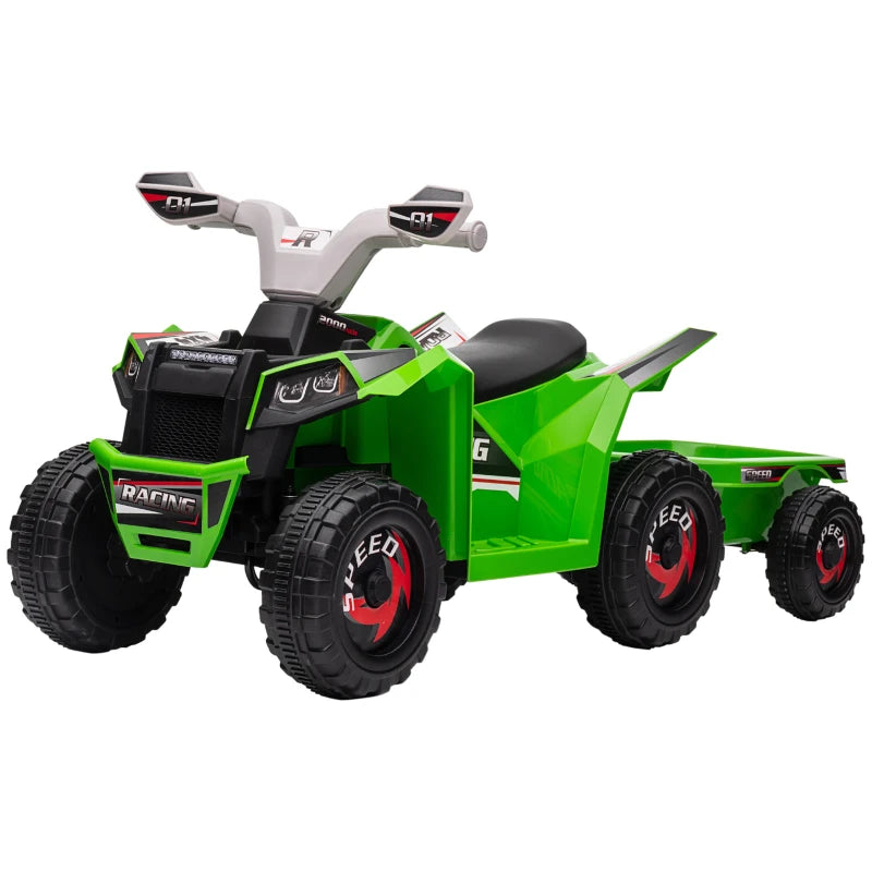 Kids 6V Quad Bike with Back Trailer, Wear-Resistant Wheels for Ages 18-36 Months – Green