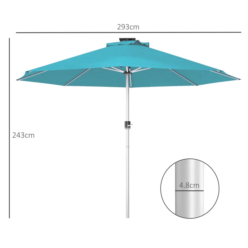 Stylish blue parasol with built-in solar LED lights for shade and evening lighting – 3m