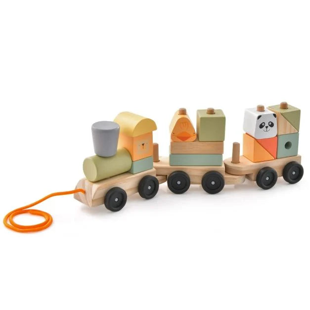 Wooden 3-Section Train Set with Colorful Stackable Building Blocks for Toddlers