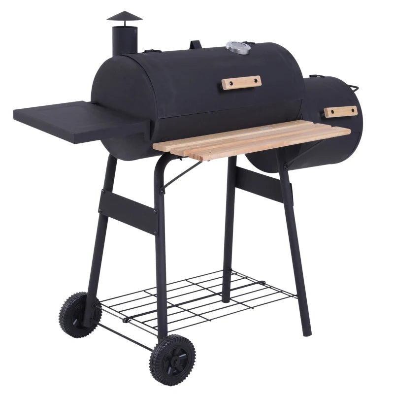 Portable Charcoal BBQ Grill with Solid Wood Accents, Cold-Rolled Steel Black, 104x124x53cm