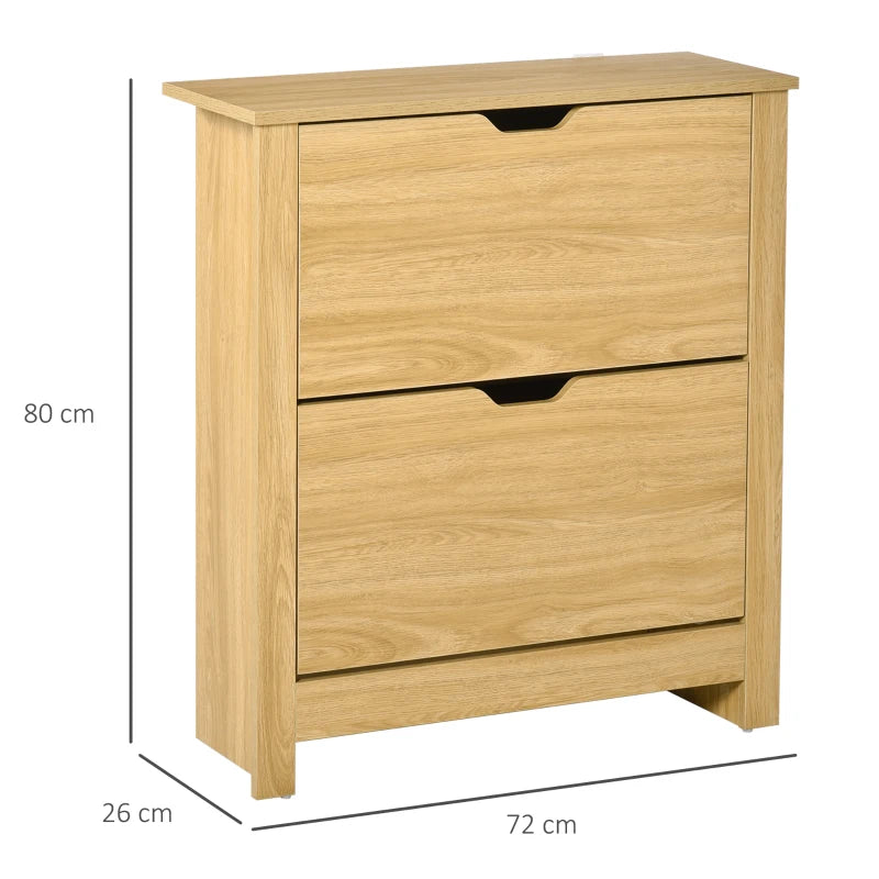 Natural Wood Narrow Shoe Cabinet, 2 Flip Drawers, Adjustable Shelves