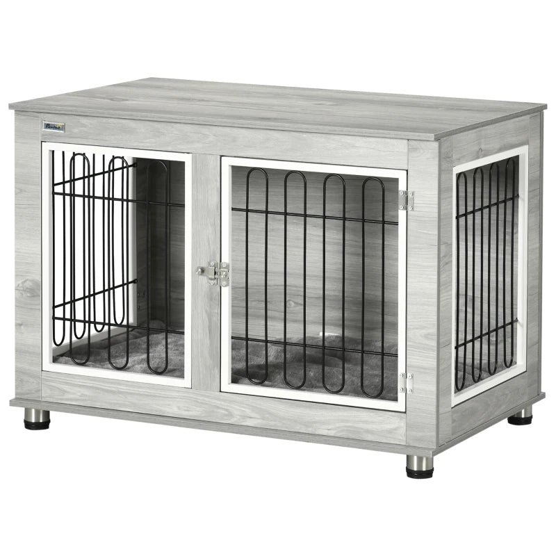 Dog Crate End Table with Cushion & Doors – Grey