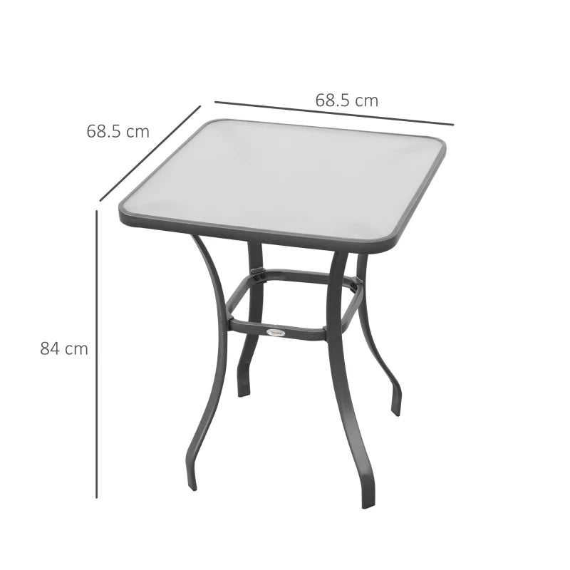 Square Outdoor Garden Table with Tempered Glass Top and Metal Frame, 68.5x68.5x84cm