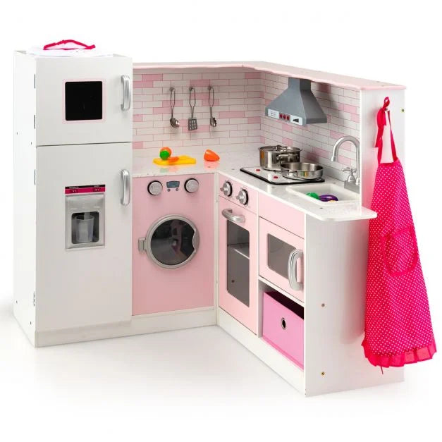 Kids Wooden Corner Kitchen Playset with Cooking Accessories