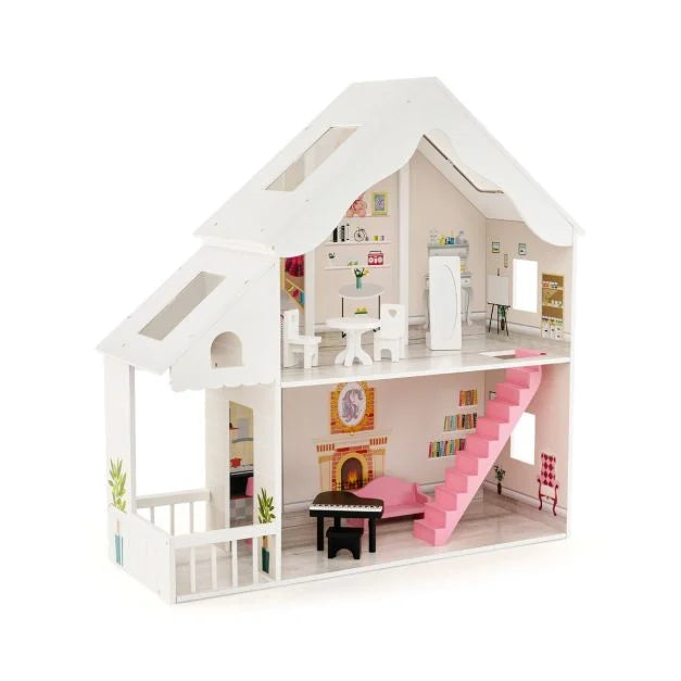 Wooden Kids Dollhouse Playset with Furniture and Realistic Rooms