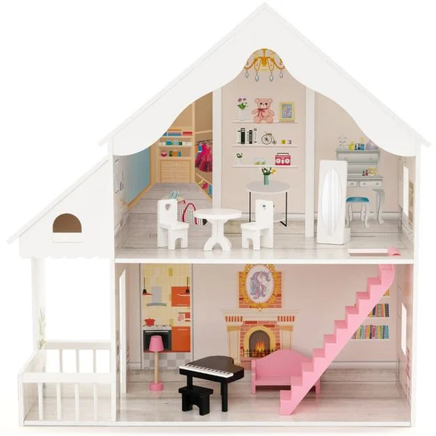 Wooden Kids Dollhouse Playset with Furniture and Realistic Rooms