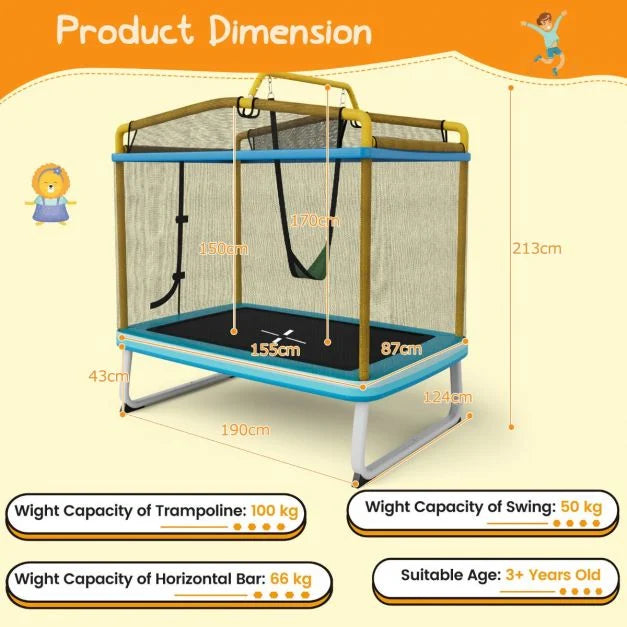 190CM 3-in-1 Kids Rectangle Trampoline with Safety Net and Horizontal Bar
