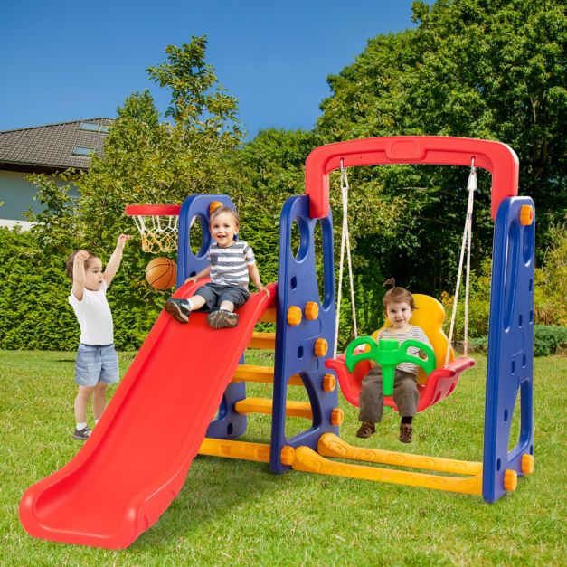 3-in-1 Toddler Slide and Swing Set with Basketball Hoop, Outdoor Play Activity