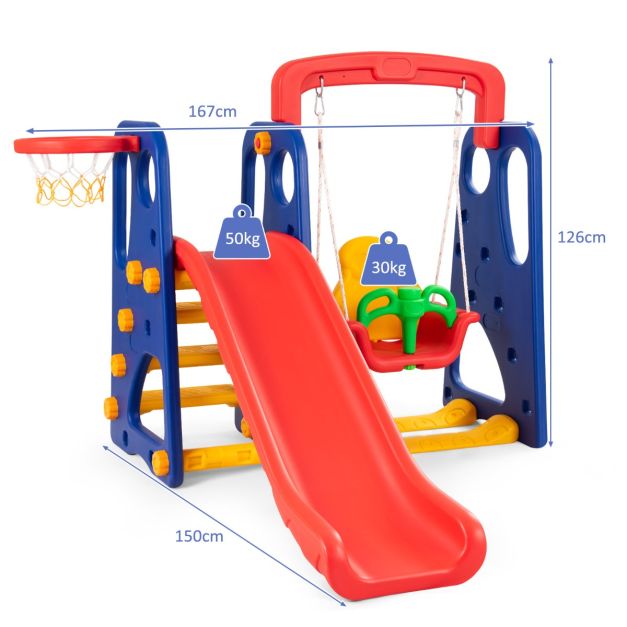 3-in-1 Toddler Slide and Swing Set with Basketball Hoop, Outdoor Play Activity