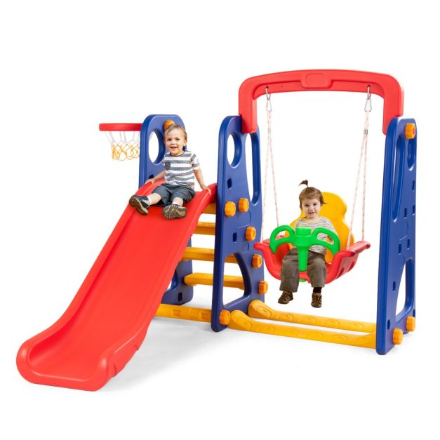3-in-1 Toddler Slide and Swing Set with Basketball Hoop, Outdoor Play Activity