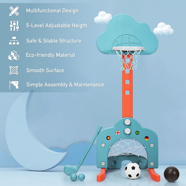3-in-1 Toddler Basketball Hoop Set with 5 Adjustable Height Levels
