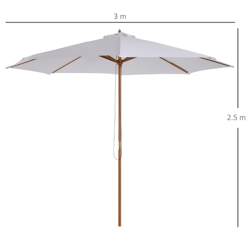 Pulley-operated cream white parasol with wooden table and 8 ribs for outdoor use – 3m