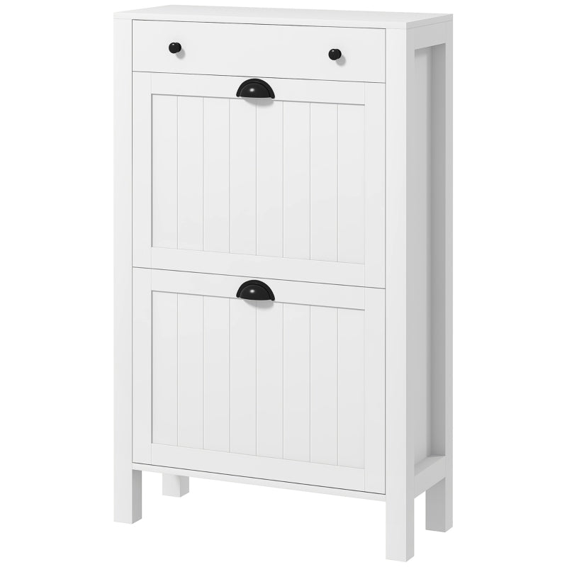 Slim White Shoe Cabinet with Flip Drawers and Adjustable Shelves