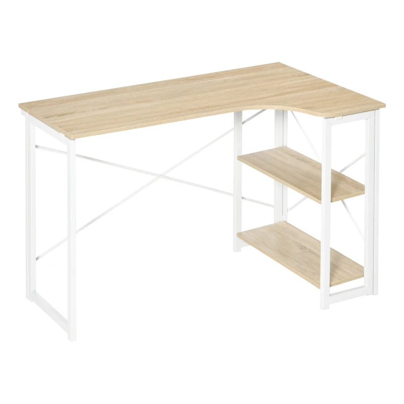 Folding Corner Computer Desk – Oak Tone, Storage Shelves