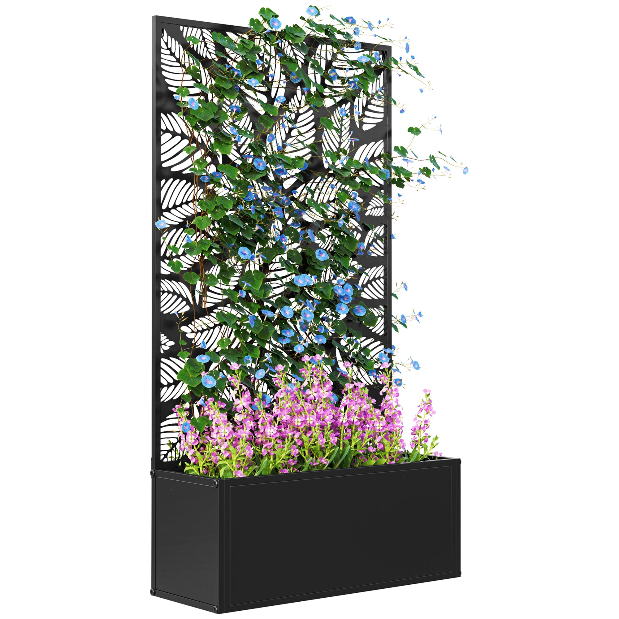 Outdoor Metal Planter with Back Trellis – Black Garden Flower Pot Frame