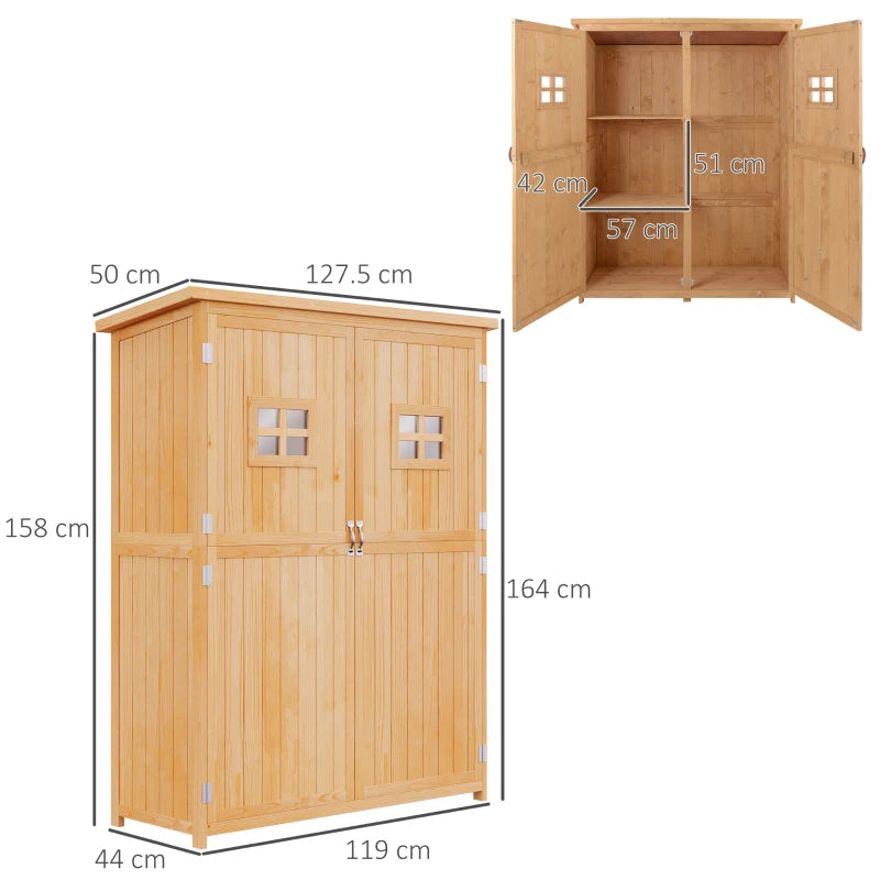 Wooden Garden Shed with Windows & Double Doors, Outdoor Tool Storage, 127.5x50x164 cm