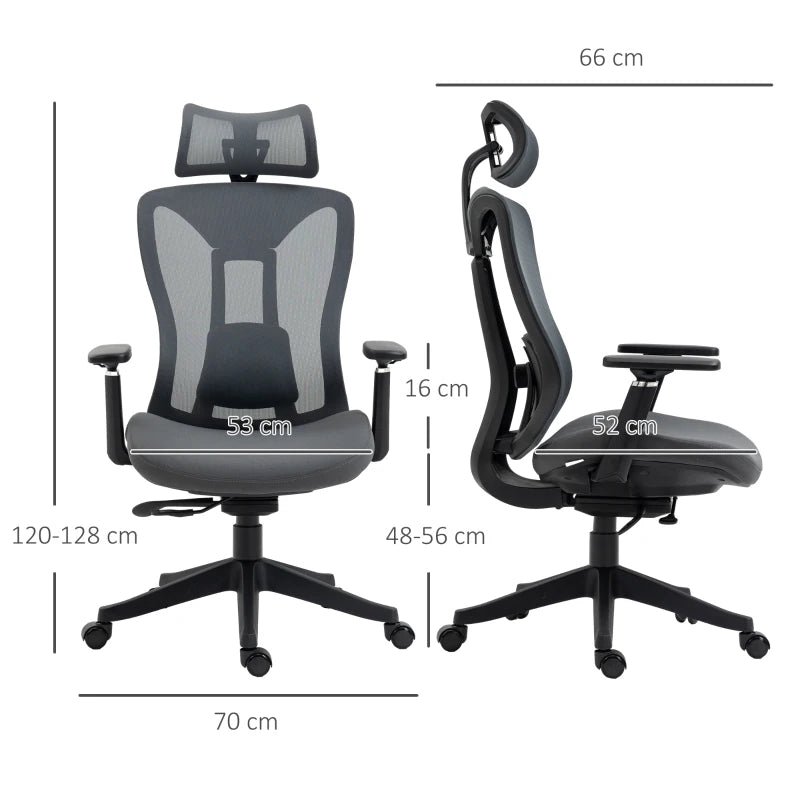 Mesh Office Chair with Lumbar Support & Adjustable Headrest – Grey