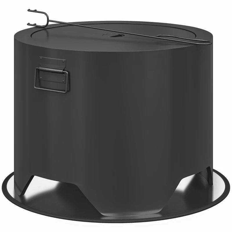 Black Outdoor Round Fire Pit with Protective Lid and Fire Poker for Garden Use