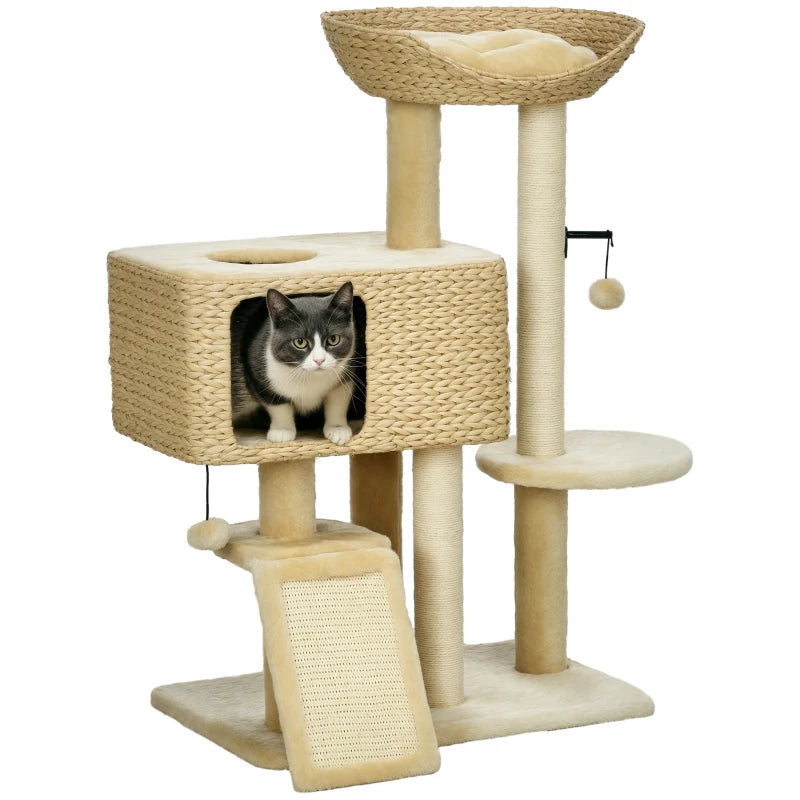 Cat Tree Tower 95cm with Scratching Post, Cat House & Toy Ball – Beige
