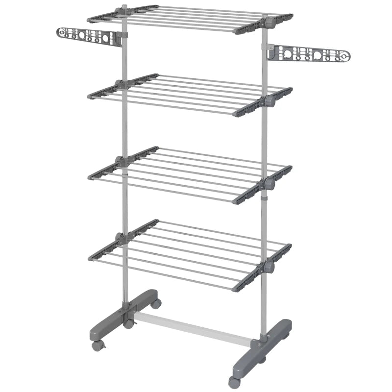 Grey Clothes Horse, 4 Shelves, Folding Design with Arms & Wheels