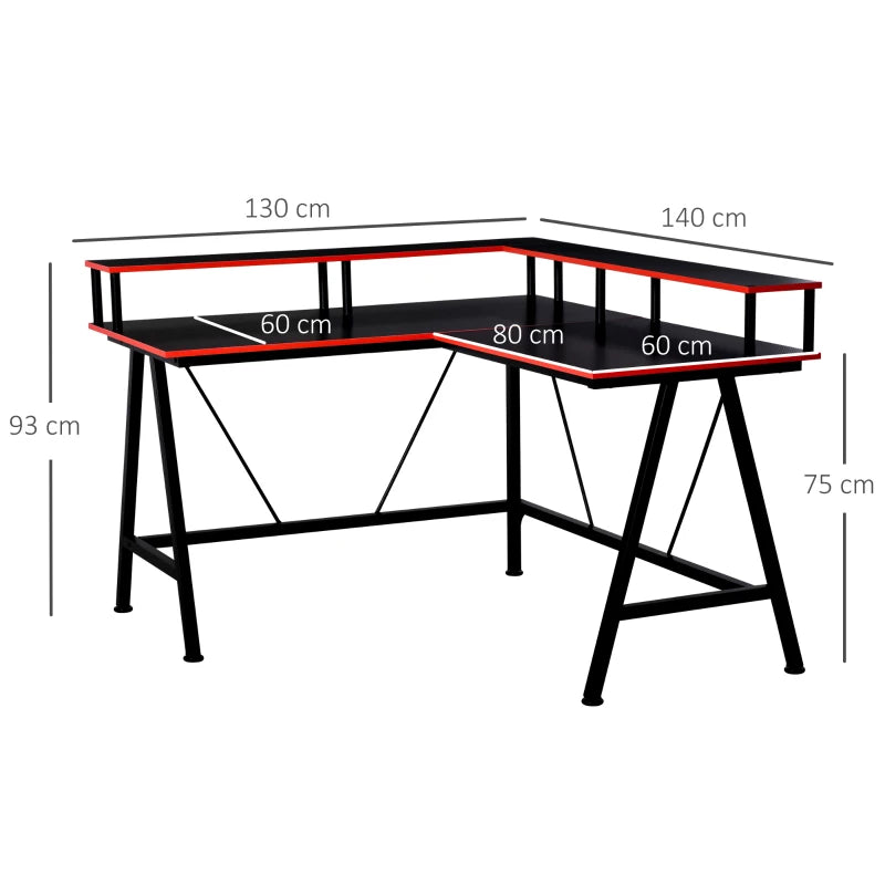 Gaming Corner Desk with Monitor Shelf – 140x130cm, Black/Red