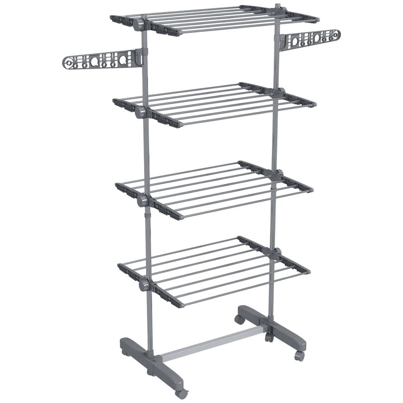 Grey Clothes Horse, 4 Shelves, Folding Design with Arms & Wheels
