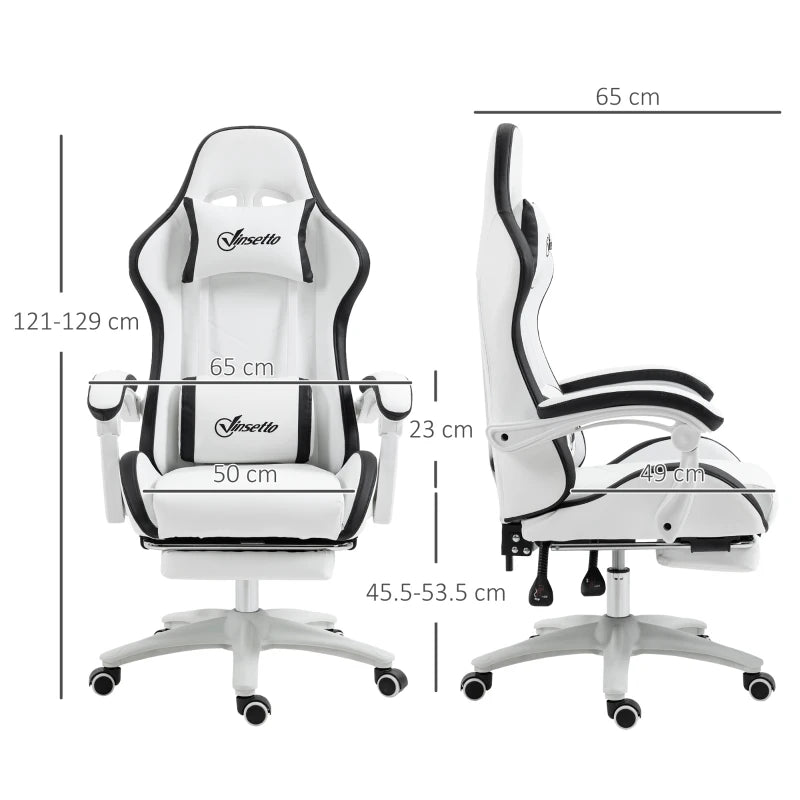 PU Leather Gaming Chair – White/Black, Footrest & Lumbar Support