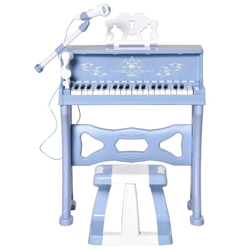 Blue Mini Piano Keyboard for Kids with 37 Keys, Stool, Microphone & Music Stand
