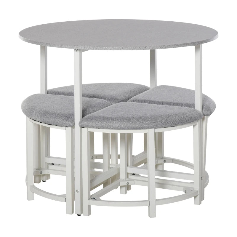 5-Piece Modern Dining Set, Round Table & 4 Grey Stools for Kitchen