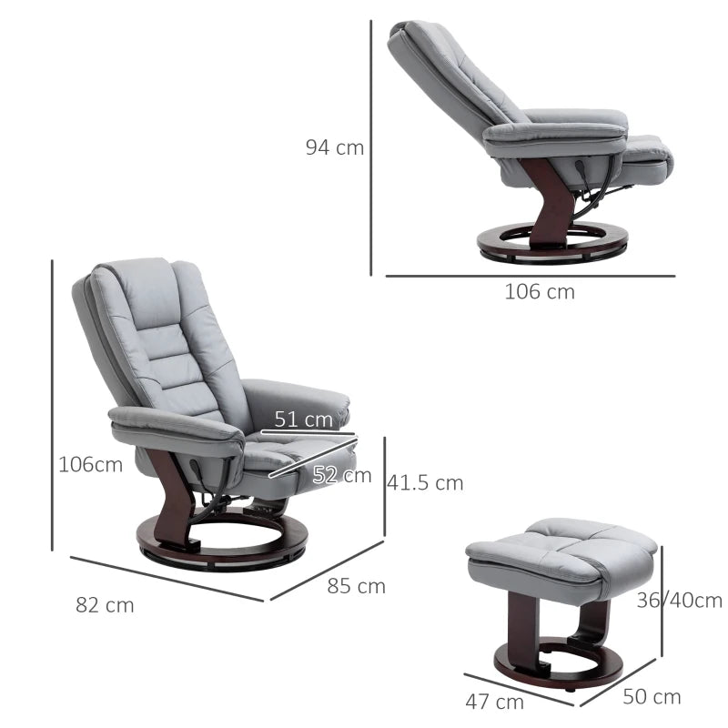 PU Leather Recliner Chair & Footstool, Swivel, 135° Recline – Grey