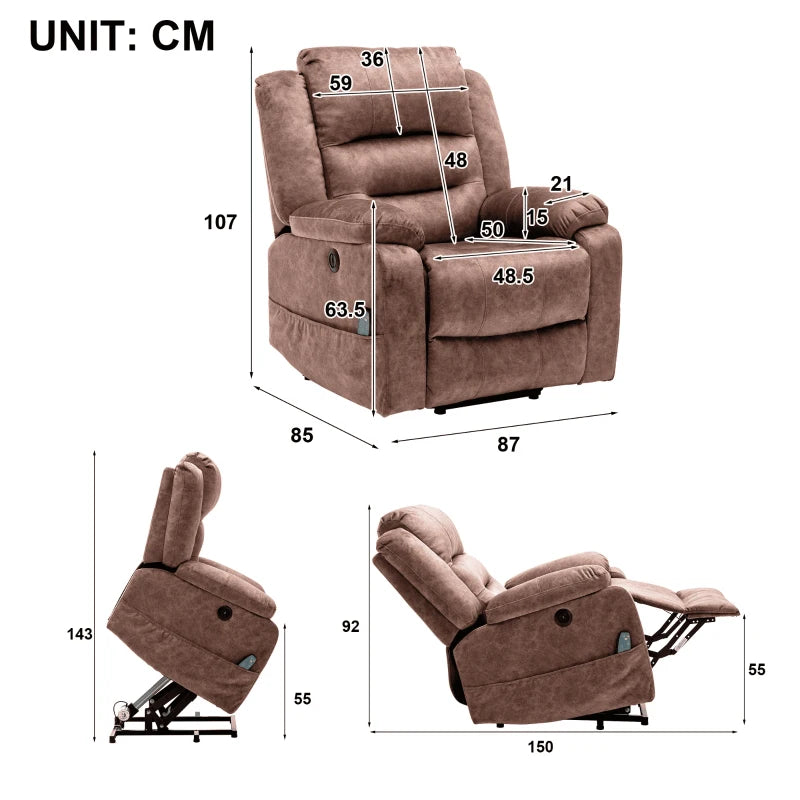 Heated Electric Recliner with Massage & USB – Brown Living Room Chair