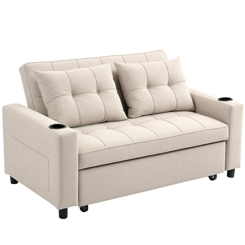 2-Seater Pull-Out Sofa Bed – Beige Space-Saving Convertible Couch
