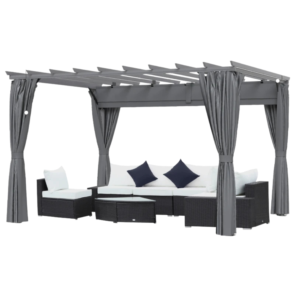 Outsunny 3.6 x 3(m) Outdoor Pergola with Retractable Roof and Curtains, Garden Gazebo Canopy Sun Shade Shelter with Aluminum Frame, Dark Grey