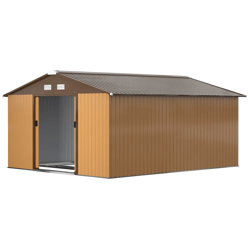 13x11ft Metal Garden Shed with Ventilation, Foundation Kit & Lockable Double Doors