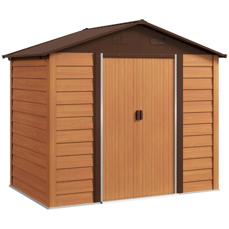 Galvanised Steel Garden Shed with Brown Wood-Effect Finish, Durable & Weather-Resistant, 6x8ft