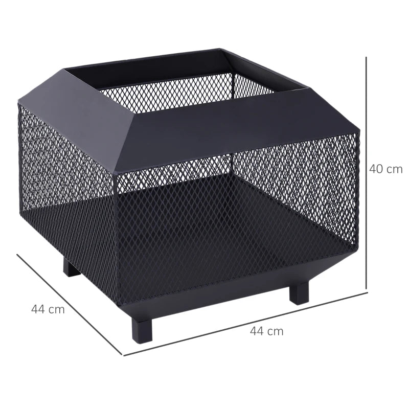 Square Metal Fire Pit with Mesh Cover, Log Grate & Poker for Bonfires, 44x44x40cm